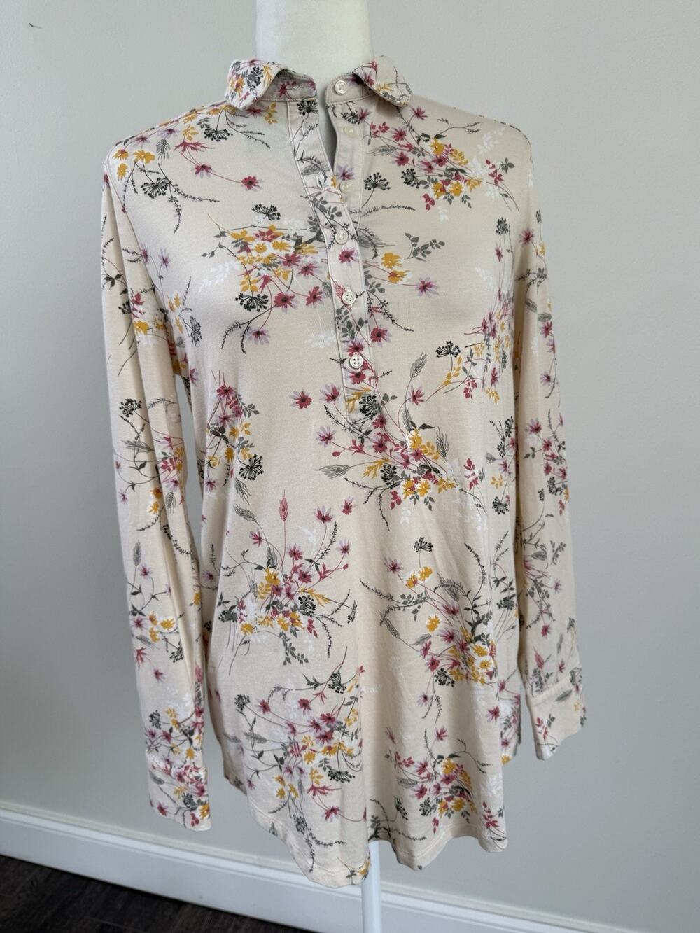 LANDS' END Women’s Floral LS Golf Tennis Cotton Modal Polo Shirt Sz S
